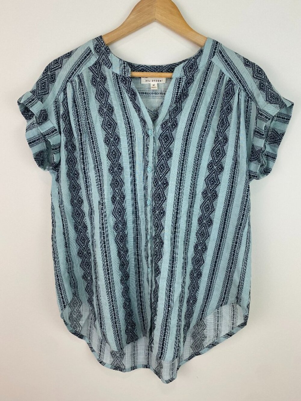 Blu Pepper Turquoise Black Aztec Button Down Western Boho Top M